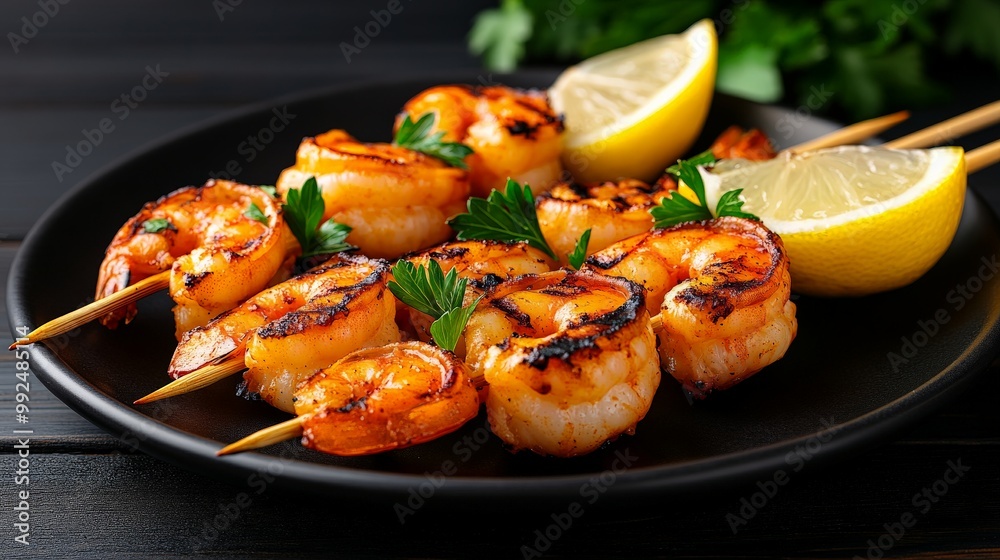 Grilled Shrimp Skewers: A delectable plate of grilled shrimp skewers, seasoned to perfection and garnished with fresh parsley and lemon wedges, rests on a sleek black plate. Grilled Shrimp Skewers: A delectable plate of grilled shrimp skewers, seasoned to perfection and garnished with fresh parsley and lemon wedges, rests on a sleek black plate.
