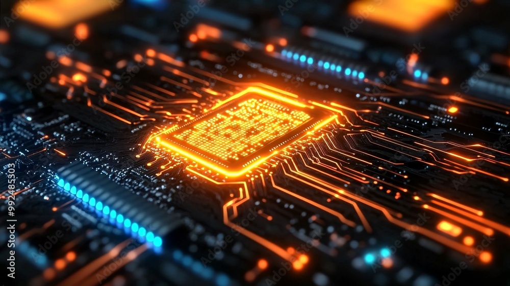 A neon-lit microchip at the heart of a motherboard A neon-lit microchip at the heart of a motherboard