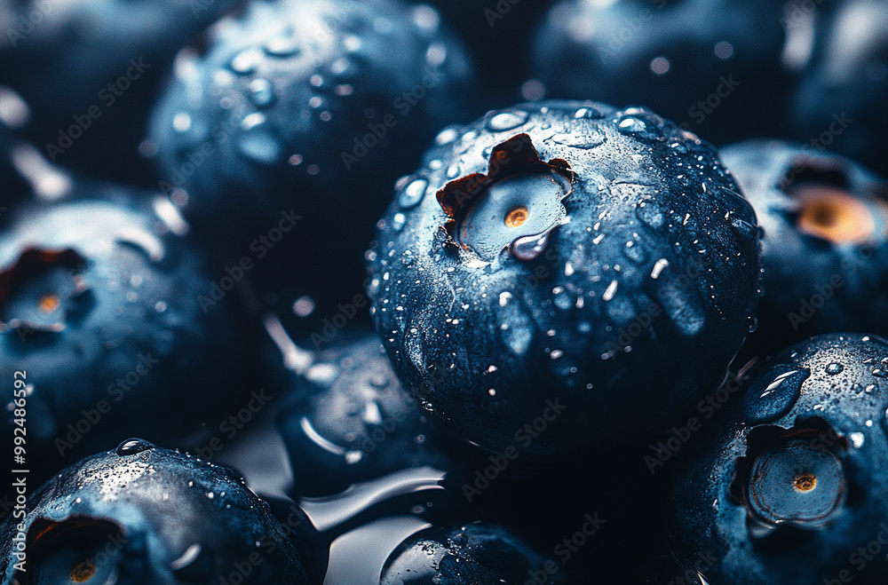 A close-up of fresh blueberries their deep navy blues glistening with water droplets A close-up of fresh blueberries their deep navy blues glistening with water droplets