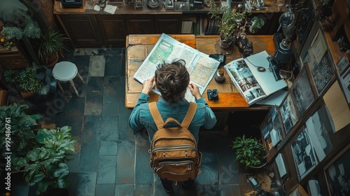 Traveler Planning Adventure with Maps and Vintage Camera in Cozy Shop photo