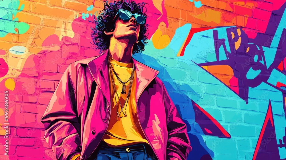 Young Man Posing Against Colorful Graffiti Wall with Sunglasses and Leather Jacket Young Man Posing Against Colorful Graffiti Wall with Sunglasses and Leather Jacket