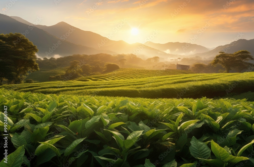 Green tea leaves shine in the sun, showing the beauty of the tea garden. Suitable for nature themed designs, growth concepts, and environmental awareness campaigns. Generative AI