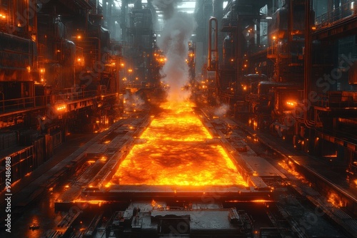 A futuristic industrial landscape with a fiery molten stream flowing through the center, surrounded by towering structures and glowing lights.