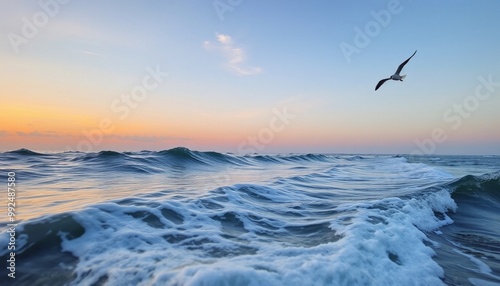 3d sea waves layered background with a birds and sunset