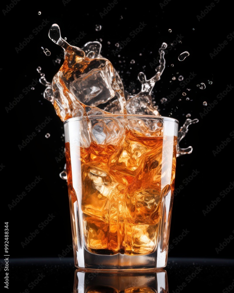 Glass filled with whiskey, ice cubes, and a refreshing water splash. Perfect for beverage advertisements, bar menus, and social media posts. Generative AI Glass filled with whiskey, ice cubes, and a refreshing water splash. Perfect for beverage advertisements, bar menus, and social media posts. Generative AI