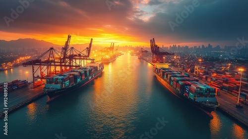 A panoramic view of a busy harbor at sunset, with cargo ships docked and cranes operating in the foreground, and a cityscape in the background.