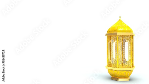 A 3D-rendered golden lantern with intricate details and a classic Islamic design. Its hexagonal shape and delicate patterns evoke a traditional aesthetic, perfect for celebrations like Ramadan or Eid. photo