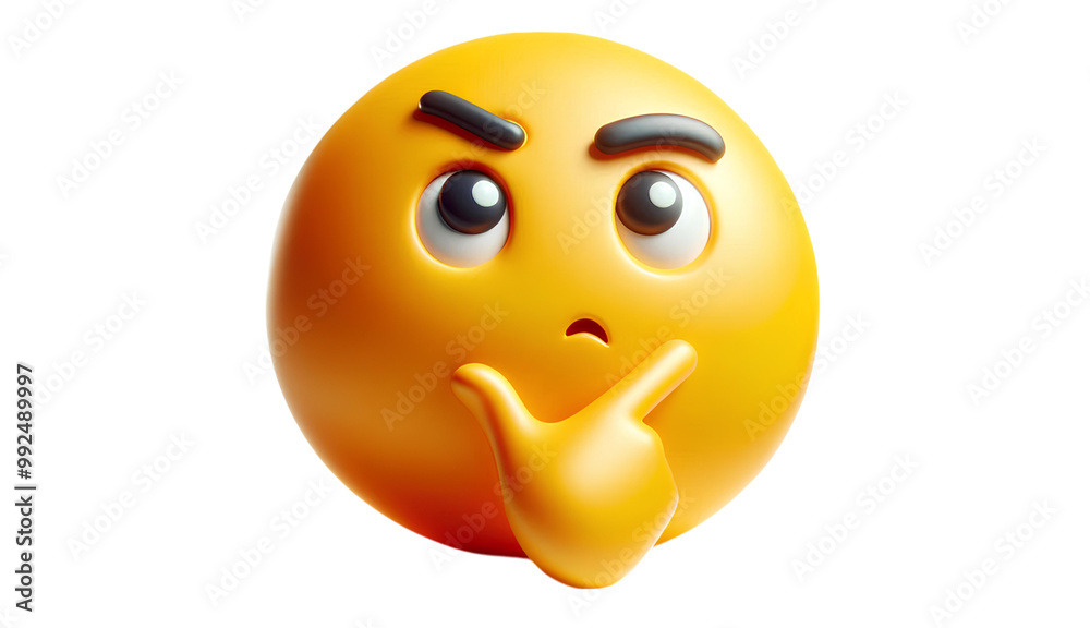 Fototapeta premium Thinking Emoji with Pensive Expression, Representing Deep Thought, Curiosity, or Contemplation in a Bright Yellow Cartoon Style Illustration