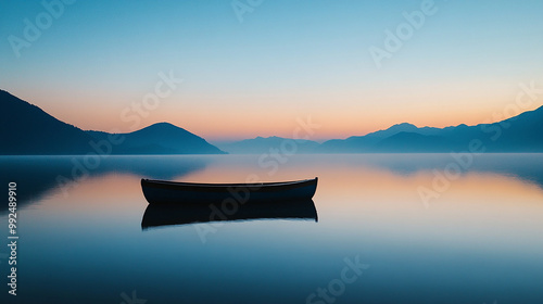 A lone wooden boat sits serenely on a still lake at sunrise, with mountains in the distance and a sky filled with soft pastel colors. photo