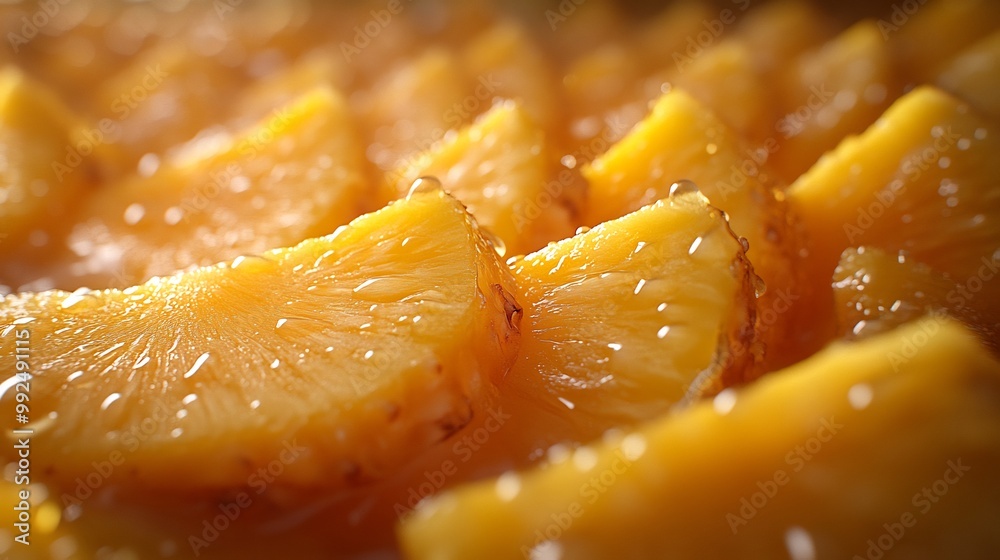 Closeup of pineapple slice natural fibers juicy interior captured detail using gentle backlight create realistic glow highlights freshness Scientific name Ananas comosus Isolated on a white background