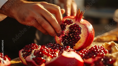 Closeup of a pomegranate being cut open at a street vendors cart with the red seeds glistening under the warm sunlight ideal for fresh and healthy food promotions Scientific name Punica granatum photo