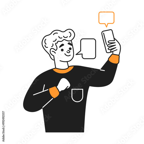 Young man talking with girl friend on smartphone color line vector icon. Happy guy engages in online communication character illustration