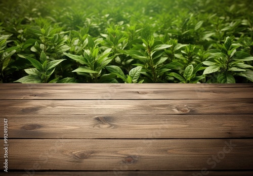 Wooden boards are suitable for promotional media with a green tea garden as a background. Generative AI photo