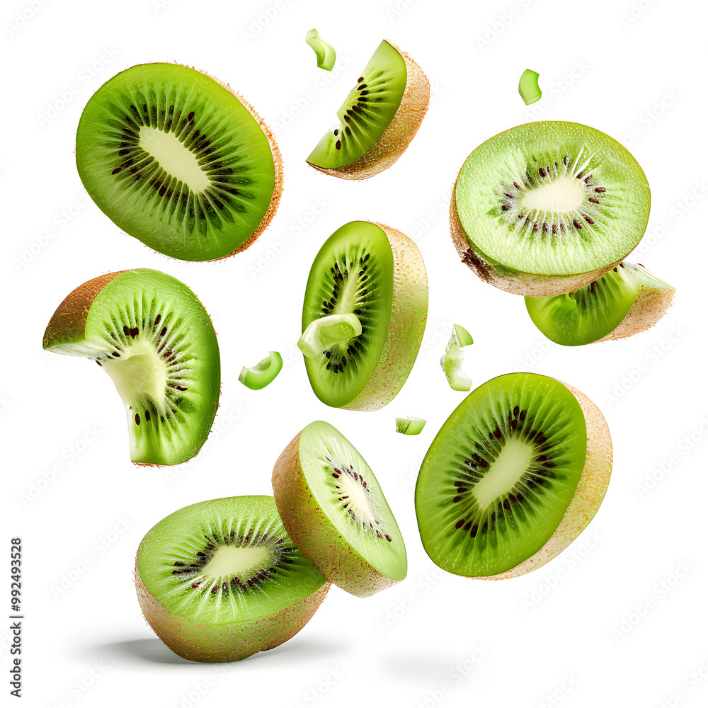 Fototapeta premium slices of fresh kiwi fruit floating on air isolated on white background