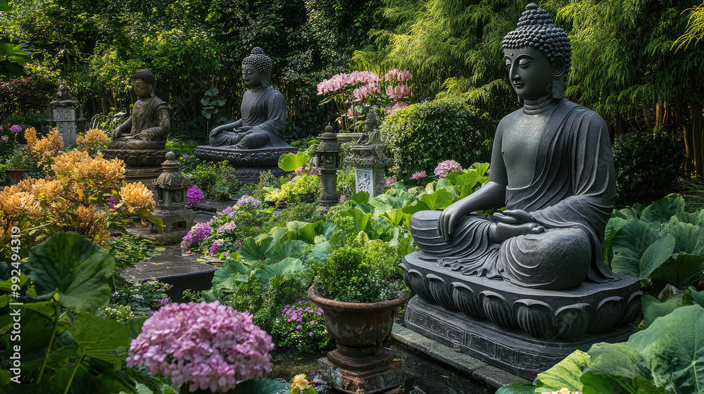Obraz premium A beautiful garden filled with Buddha statues of various sizes, each surrounded by blooming flowers and lush greenery, promoting serenity and calmness. -