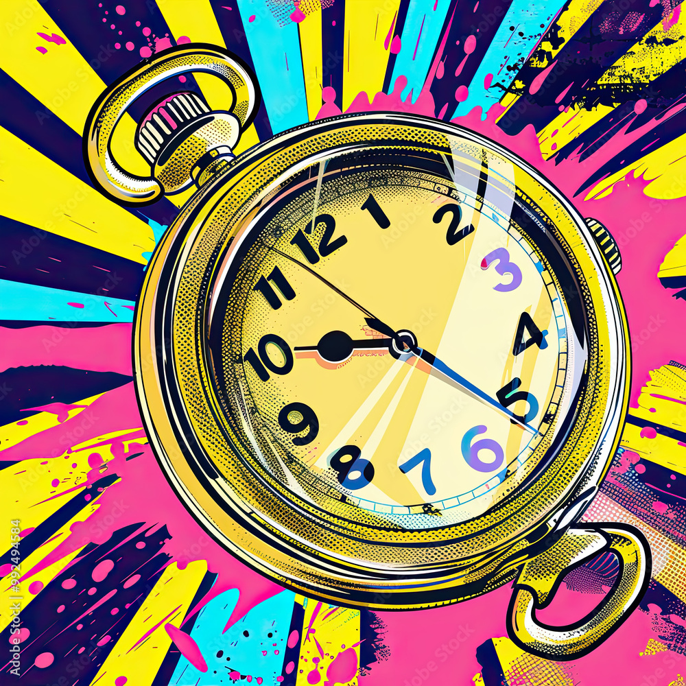 A dynamic close-up of a vintage pocket watch in gold and silver, enhanced by playful comic designs.