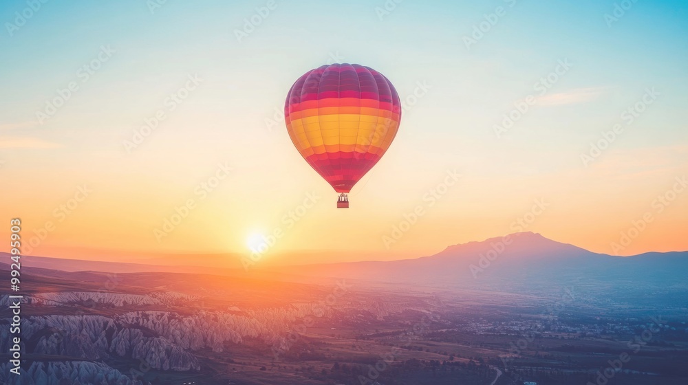 A vibrant hot air balloon ascends as the sun rises, illuminating the mountainous terrain and creating a tranquil atmosphere A vibrant hot air balloon ascends as the sun rises, illuminating the mountainous terrain and creating a tranquil atmosphere