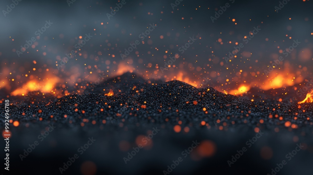 Fototapeta premium Brilliant flames rise and fall, illuminating glowing embers against a contrasting black backdrop in an enchanting nighttime glow
