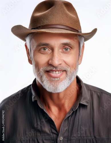 Mature Man with Gray Hair Wearing a Hat Isolated on White Background, Clipping Path, Full Depth of Field