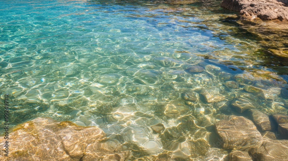 Fototapeta premium Turquoise water shimmers under sunlight, revealing rocks underneath, creating a tranquil and picturesque coastal atmosphere