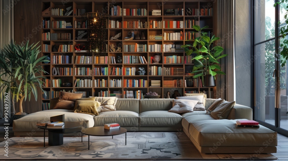 Obraz premium Stylish lounge interior with comfortable sofa and bookshelf AI generated image