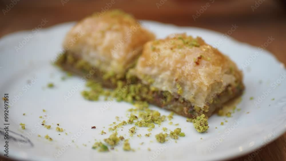 A scrumptious and delicious Baklava adorned with Pistachios elegantly presented on a Plate A scrumptious and delicious Baklava adorned with Pistachios elegantly presented on a Plate