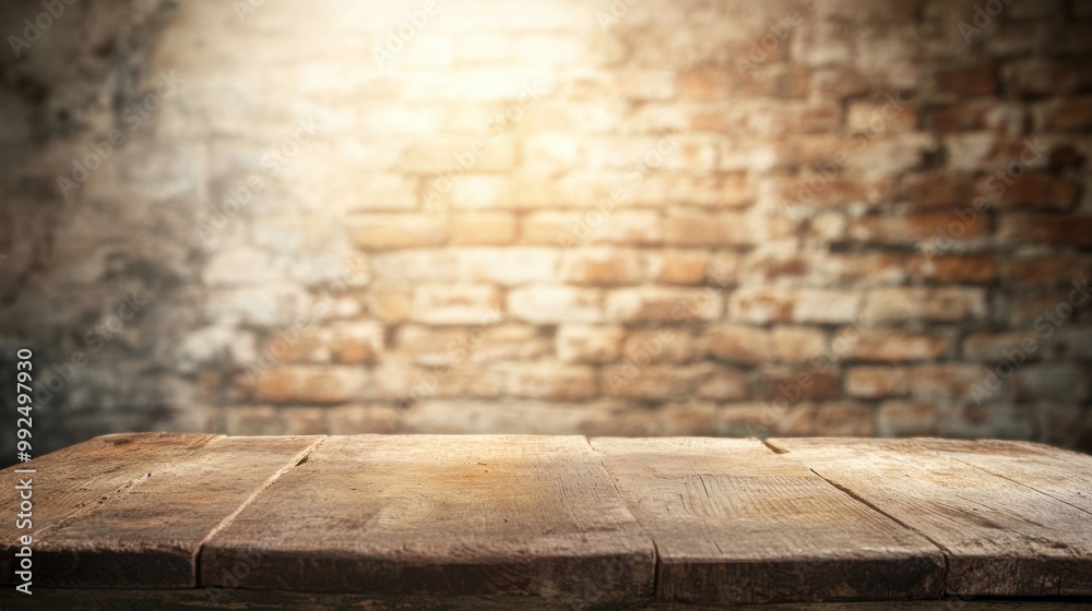 A rustic wooden table rests against an aged brick wall, providing a charming backdrop for various displays or intimate gatherings A rustic wooden table rests against an aged brick wall, providing a charming backdrop for various displays or intimate gatherings