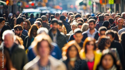 Crowded urban street scene with diverse faces representing various age groups and ethnicities, symbolizing demographic diversity and multiculturalism, with ample copy space for text or design elements