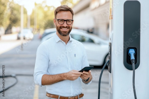 Man using smartphone at electric vehicle charger photo