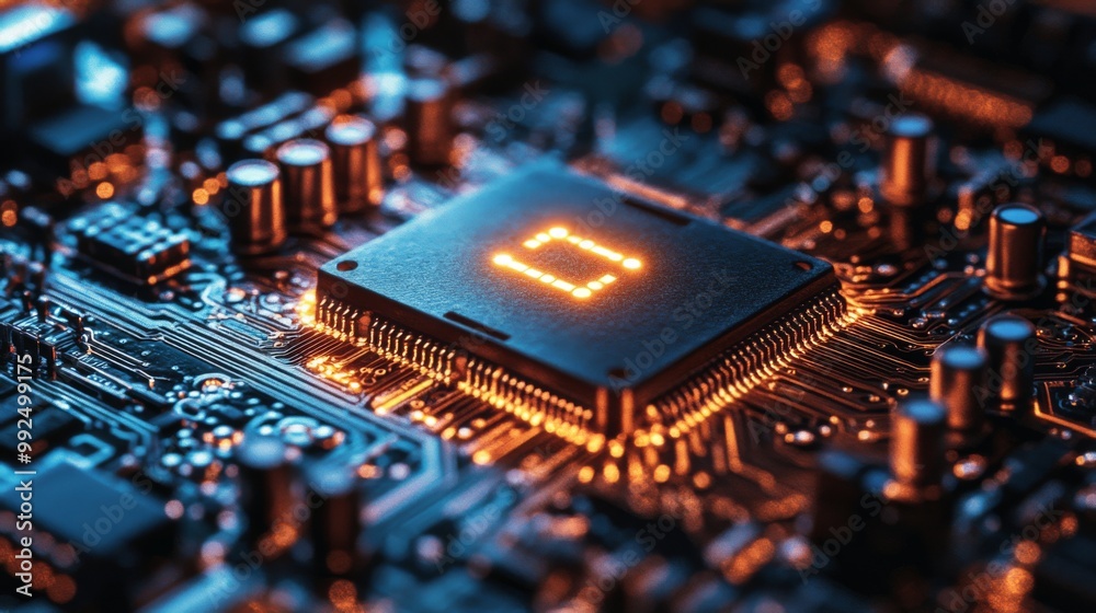 Close-up View of a Lit-up Microchip on a Circuit Board Close-up View of a Lit-up Microchip on a Circuit Board