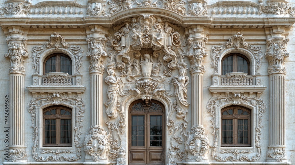 Fototapeta premium Ornate architectural facade with intricate carvings and details.