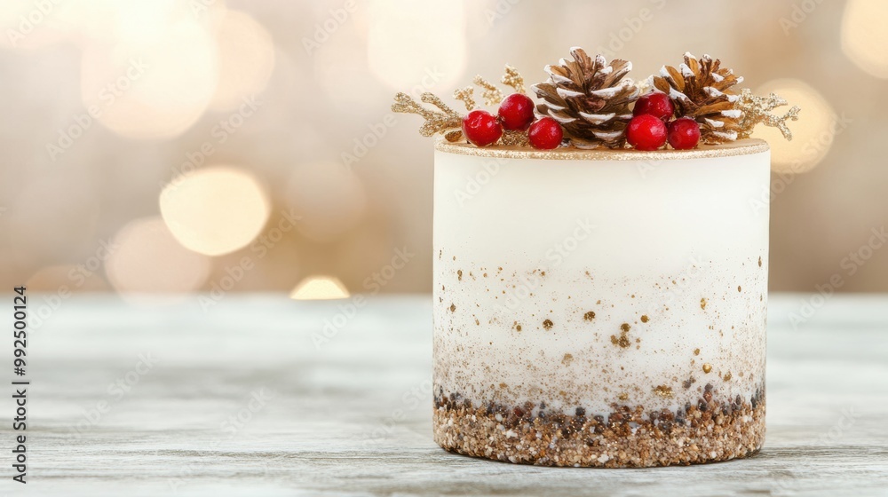 The festive candle with pine cones and berries sits on a rustic wooden table, enhancing holiday spirit in a cozy setting The festive candle with pine cones and berries sits on a rustic wooden table, enhancing holiday spirit in a cozy setting