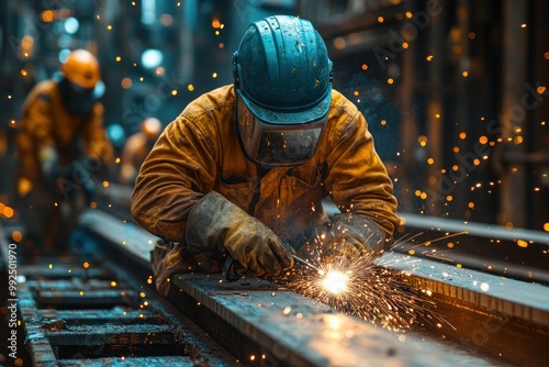 A welder wearing protective gear and a helmet works on a metal beam in an industrial setting, sparks fly from the welding torch.