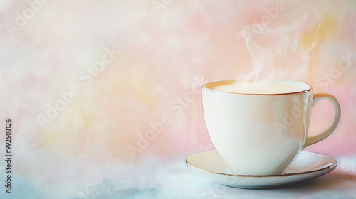 Steaming Cup of Tea in Minimalist Watercolor Pastel Background with Copy Space