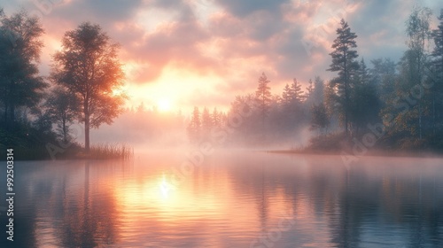 Serene sunrise over a misty lake surrounded by trees.