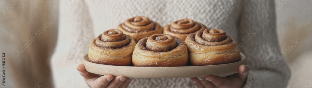 Wooden plate with cinnabons in hands on light background, created with Generative AI technology Wooden plate with cinnabons in hands on light background, created with Generative AI technology