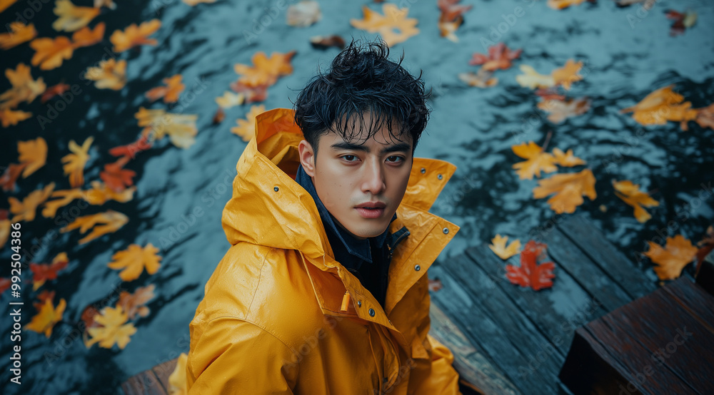 Obraz premium A young guy in a raincoat by the lake, created with Generative AI technology.