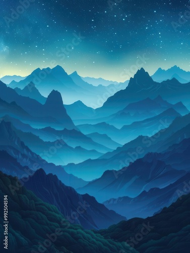 Deep gradient background from indigo to emerald, worm's-eye view of mountain peaks under starry night, plenty of space for text