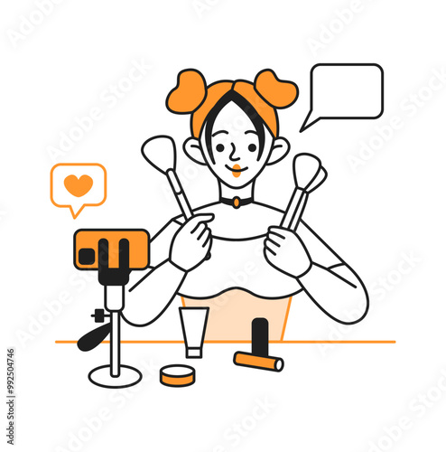 Young woman shows makeup tutorial during live stream. Happy beauty blogger educates online providing tips character illustration on white