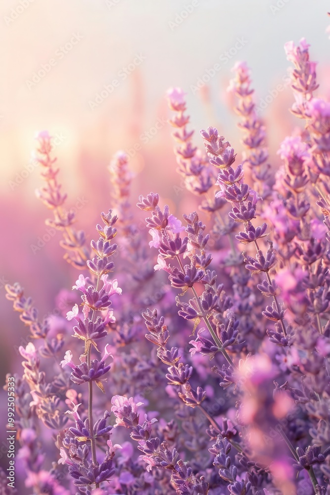 Fototapeta premium Light gradient backdrop from lilac to mint, worm's-eye perspective of blooming lavender fields, space for text