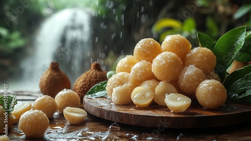 Closeup of longans being peeled rustic wooden table a jungle retreat with the scent of fresh fruit and the sound of a distant waterfall creating a serene atmosphere Scientific name Dimocarpus longan photo