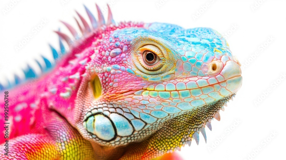 Fototapeta premium This colorful iguana showcases brilliant shades of pink and blue highlighting its unique features in detailed close-up