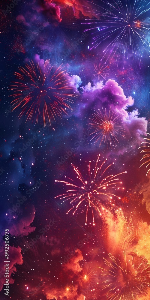Fototapeta premium Radiant gradient background from orange to purple, worm's-eye perspective of fireworks, night sky for text