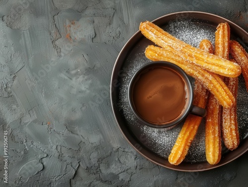 Spanish churros with hot chocolate, bird's-eye view, space for text