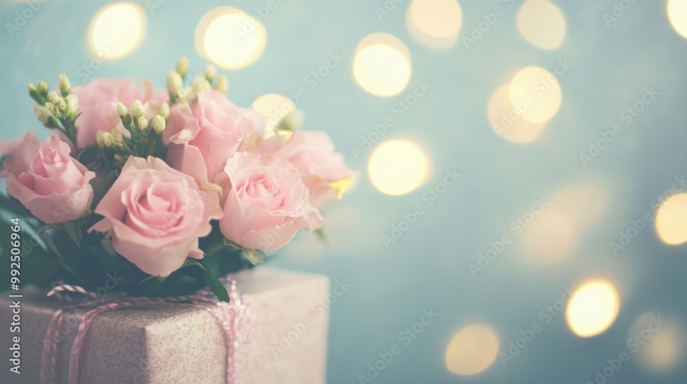 Delicate pink roses sit atop a beautifully wrapped gift box, illuminated by soft, dreamy lighting that enhances the romantic ambiance Delicate pink roses sit atop a beautifully wrapped gift box, illuminated by soft, dreamy lighting that enhances the romantic ambiance