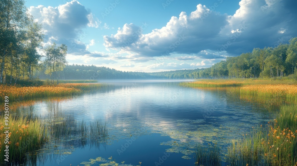 Serene lake surrounded by lush greenery and vibrant flowers. Serene lake surrounded by lush greenery and vibrant flowers.