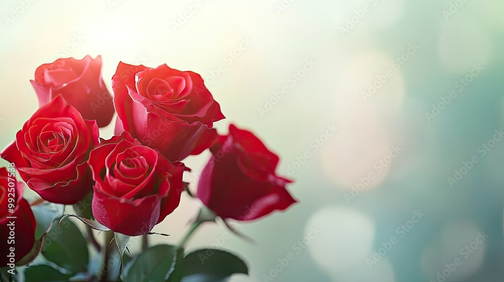 A beautiful bouquet of red roses against a soft background, symbolizing romance, with a large copy space for text. A beautiful bouquet of red roses against a soft background, symbolizing romance, with a large copy space for text.