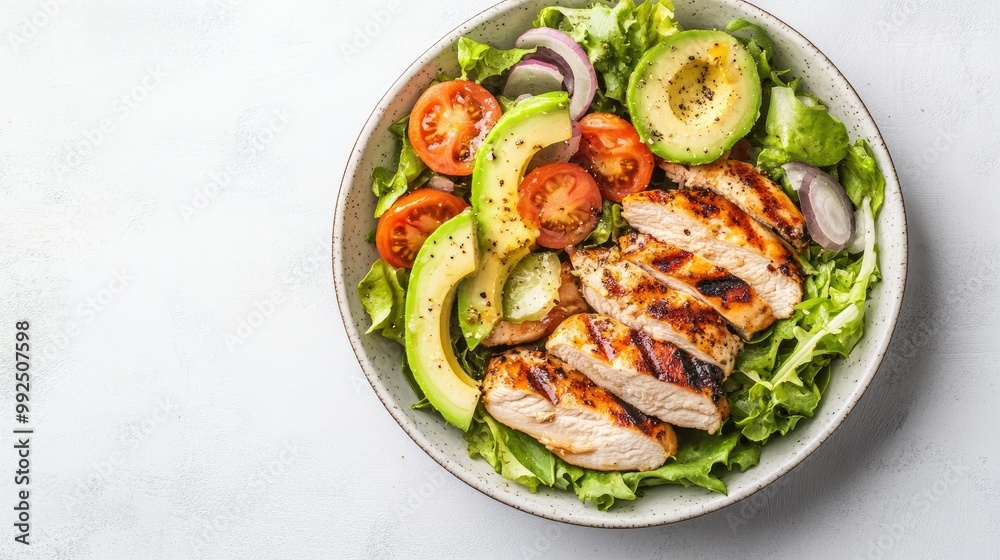 A green salad with grilled chicken and avocado slices, top view, weight loss diet, no people, with copy space A green salad with grilled chicken and avocado slices, top view, weight loss diet, no people, with copy space