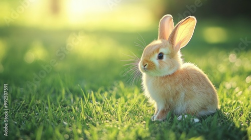 A fluffy bunny sitting on a grassy field, soft focus background with plenty of copy space.