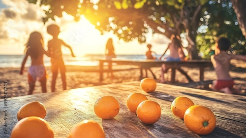 Closeup of mamoncillo fruits scattered across sunlit picnic table beachside park children playing ocean softly blurred background evoking fun relaxed atmosphere Scientific name Melicoccus bijugatus photo